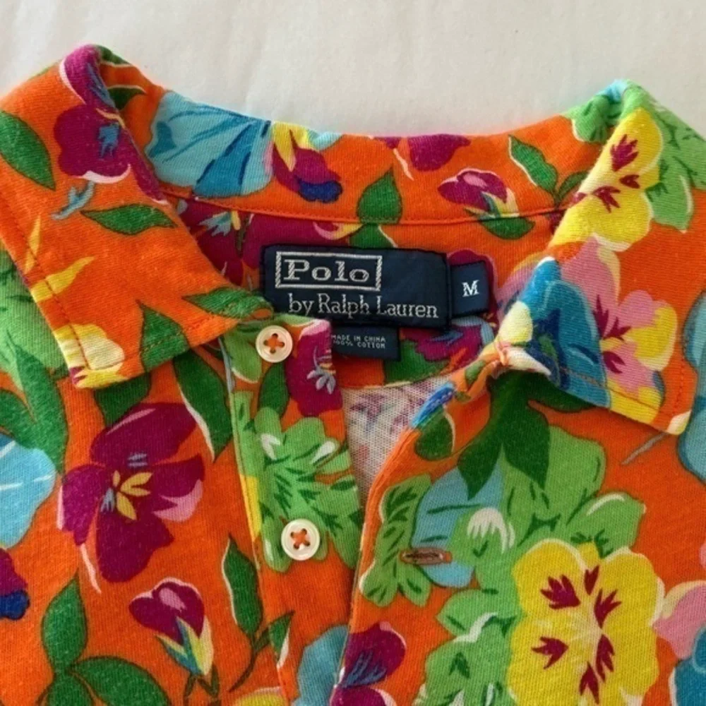 Ralph Lauren‎ Orange Cotton Floral Hawaiian Print Short Sleeve Polo Shirt Medium